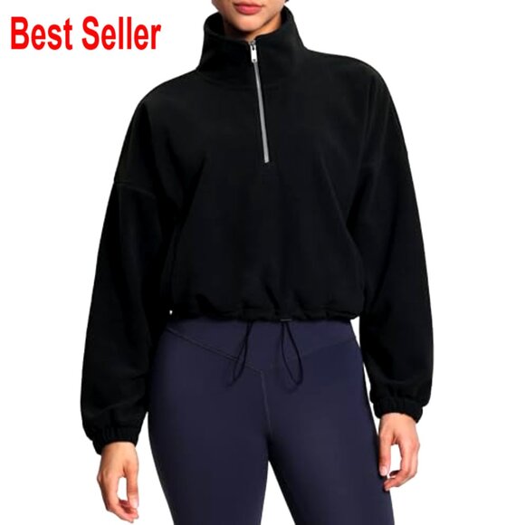Half Zip Crop Pullover Sweatshirt Fleece Loose Fit Workout Top with Pockets - Picture 5 of 7